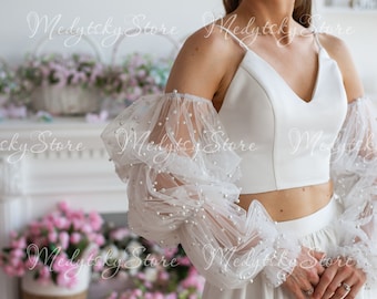 Detachable puffy sleeves, Tulle puff sleeves, Sheer bridal sleeves, Pearl wedding sleeves, Beaded sleeves wedding, Removable sleeves wedding