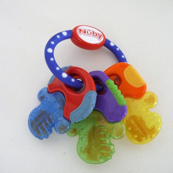 Nuby Multi-Coloured Soft and Hard Plastic Key-Ring-Shaped Baby Teething Ring (USED)