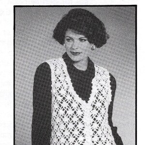 May include: Image of a crochet pattern. The image shows a woman wearing a white, open-weave crochet vest with a V-neck and button closure. The text "CROCHET PATTERN" is at the top of the image.