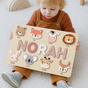 Personalized First Birthday Gift, Handmade Name Puzzle with Animals, Custom New Baby Gift for Toddler, Christmas Gifts, Wooden Toys