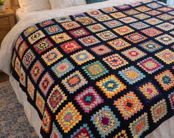 Granny Square Crochet Blanket Handmade, Colorful Afghan Throw, Boho Patchwork Sofa Blanket