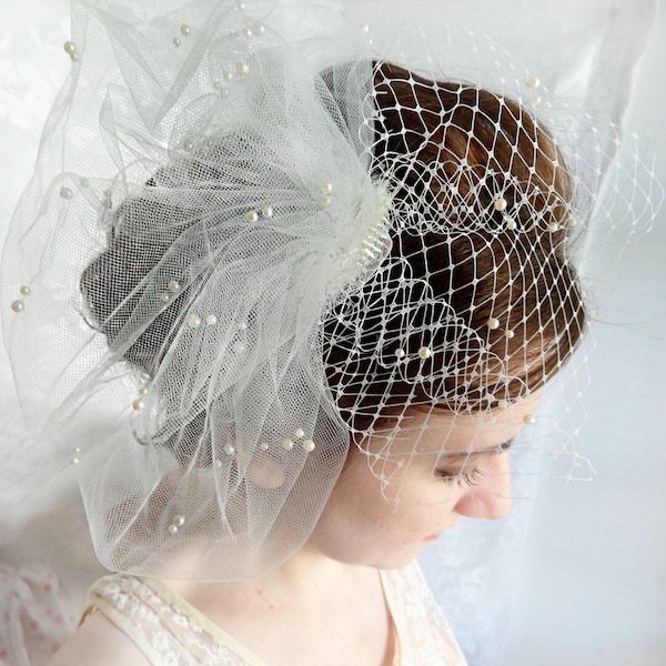 wedding birdcage veil, wedding bird cage veil with pearls, ivory or white tulle veil - JOLICOEUR - bridal hairpiece, small bridal birdcage