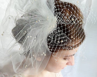 wedding birdcage veil, wedding bird cage veil with pearls, ivory or white tulle veil - JOLICOEUR - bridal hairpiece, small bridal birdcage