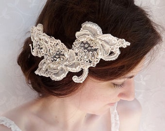 lace headpiece, rhinestone lace hairpiece, Alencon lace, wedding hairpiece, bridal headpiece - ISABELLA - luxury lace wedding hair comb