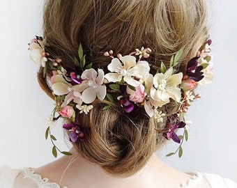 bridal headpiece rose gold, wedding headpiece rose gold, bridal headpiece flower, floral headpiece wedding, purple bridal hair, cream floral