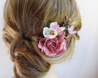 dusty rose hair clip, mauve hair comb, mauve wedding, dusty rose wedding, rose hair flower, floral hair pin, flower hair pin, gold pearls