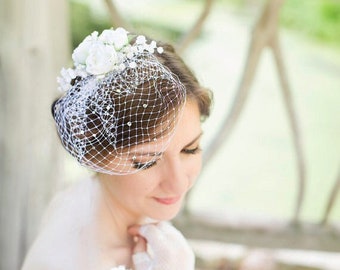 mini birdcage veil, sparkly Swarovski crystals, small birdcage, white wedding veil, wedge veil, small bridal veil, bird cage -STARLIGHT