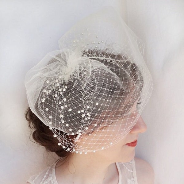 birdcage veil with pearls, tulle Russian veiling, ivory birdcage veil, bridal headpiece, wedding hair accessories, white bird cage veil