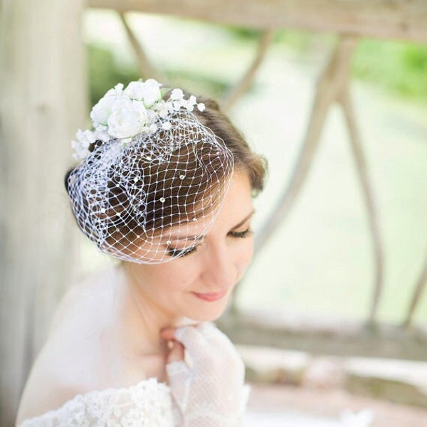 mini birdcage veil, sparkly Swarovski crystals, small birdcage, white wedding veil, wedge veil, small bridal veil, bird cage -STARLIGHT