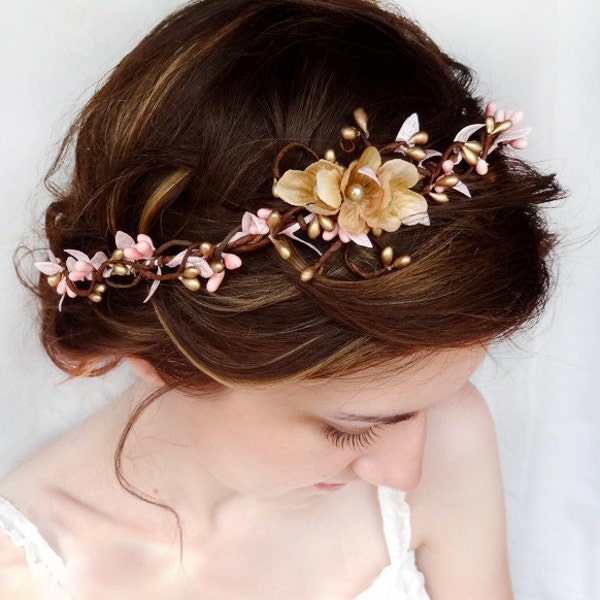 bridal hair piece, pink and gold wedding, flower crown, bridal hair accessory, pink floral headpiece -SERAPHIM- bridal headband, hair vine