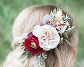 burgundy wedding headpiece, bridal hair clip flower, cream flower, burgundy hair clip, fall wedding hair accessories, wild raspberries, leaf