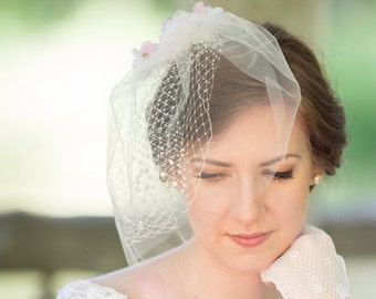 tulle birdcage veil with pearls, ivory blusher veil, net veiling, ivory blusher veil - ISABELLE -  white birdcage, bridal hair accessory