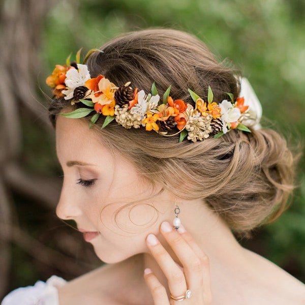 fall flower crown, fall headband, orange hair wreath, autumn floral crown, fall wedding hair accessories, burnt orange rustic hair piece #93