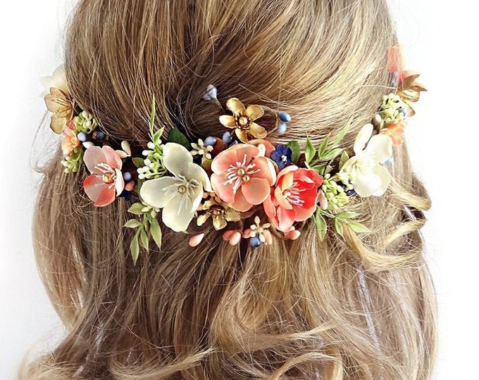 Peach and Slate Blue Wedding Headpiece Peach Hair Clip Peach Etsy