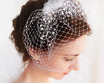 ivory birdcage veil with pearls, birdcage veil comb, small birdcage, ivory birdcage veil, beige, white, bridal birdcage, wedding veil pearl