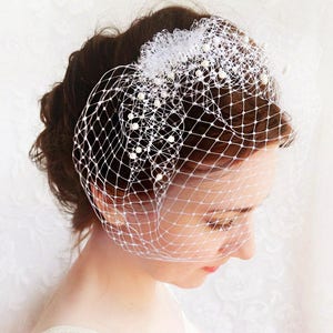 ivory birdcage veil with pearls, birdcage veil comb, small birdcage, ivory birdcage veil, beige, white, bridal birdcage, wedding veil pearl image 1