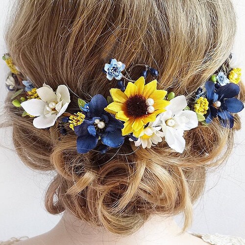 Sunflower Hair Piece Sunflower Hair Clip Wedding Navy Hair Etsy Canada