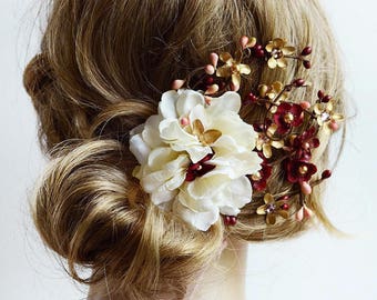 floral hair clip, burgundy wedding headpiece, burgundy and gold, bridal, swarovki crystal, floral hair piece, burgundy hair accessories,