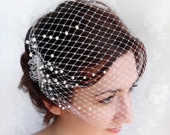 birdcage veil with pearls, wedding bandeau veil, small birdcage veil, wedding veil - OCEAN MIST - white ivory beige hair accessory