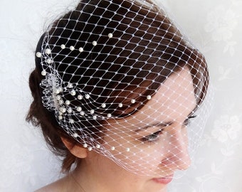 birdcage veil with pearls, wedding bandeau veil, small birdcage veil, bridal bird cage veil -OCEAN MIST- ivory birdcage veil, white birdcage