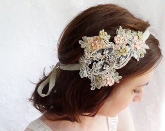 lace wedding headband, hair piece, Boho, pink and sage, bridal headpiece, lace wedding headband -FLEURELLE- vintage hair accessories, blush