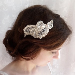lace hair piece, bridal headpiece, lace bridal hair accessories, ivory hair piece FLUTTER lace head piece, lace wedding hair comb crystals image 1