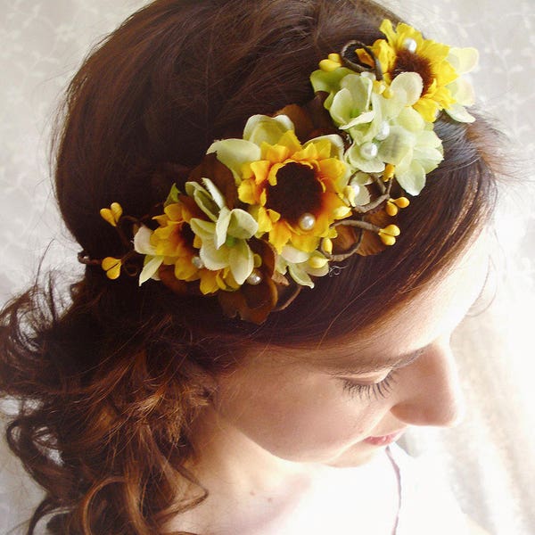 sunflower crown, sunflower hair piece, yellow headpiece, sunflower headband, sunflower wedding, yellow flower crown, bridal flower crown