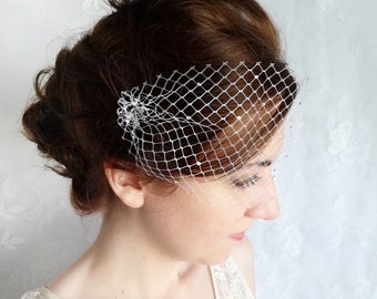 birdcage veil with crystals, small birdcage veil, mini birdcage veil bandeau -SPRINKLED SPARKLES- bridal headpiece, wedding hairpiece