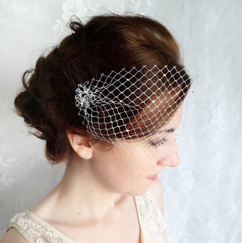 birdcage veil with crystals, small birdcage veil, mini birdcage veil bandeau SPRINKLED SPARKLES bridal headpiece, wedding hairpiece image 1