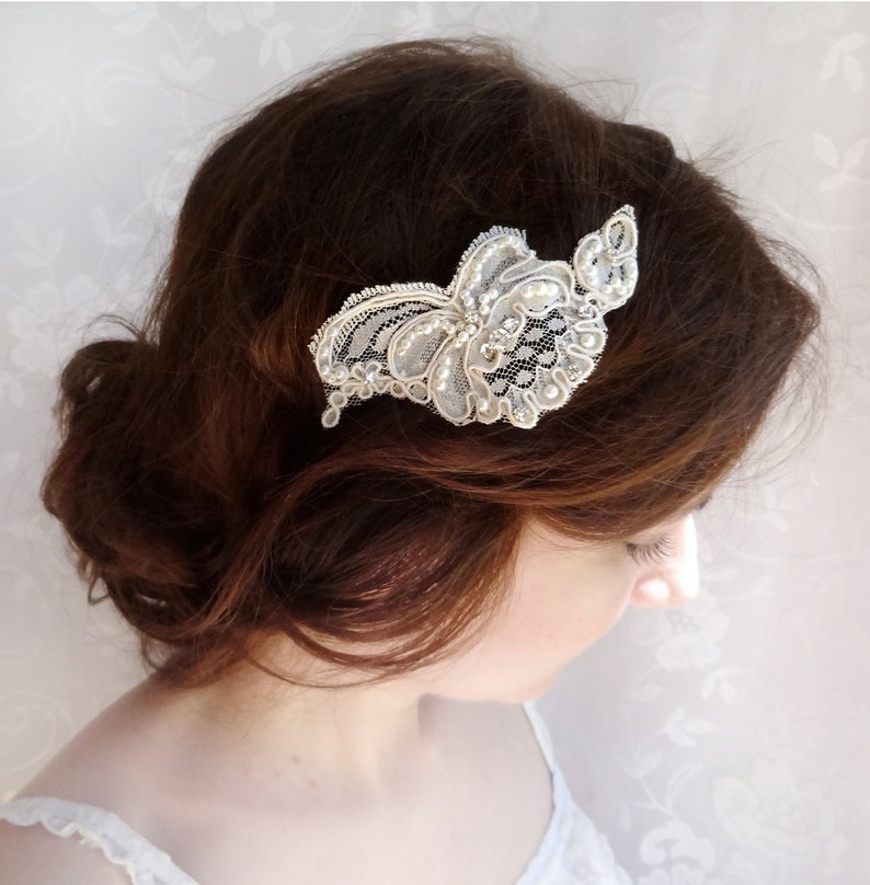lace hair piece, bridal headpiece, lace bridal hair accessories, ivory hair piece FLUTTER lace head piece, lace wedding hair comb crystals image 2