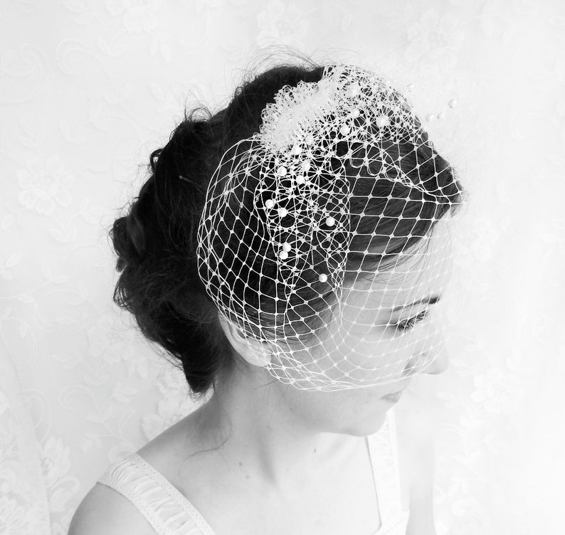 ivory birdcage veil with pearls, birdcage veil comb, small birdcage, ivory birdcage veil, beige, white, bridal birdcage, wedding veil pearl image 3