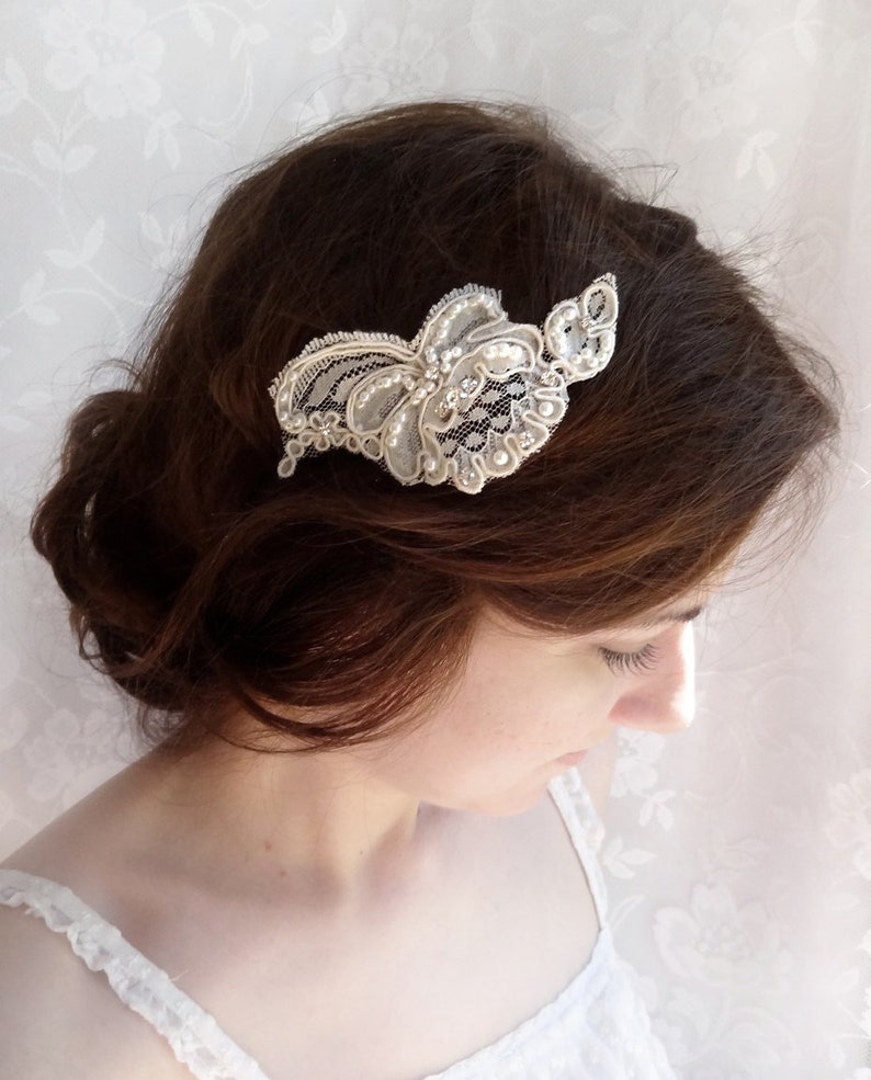 lace hair piece, bridal headpiece, lace bridal hair accessories, ivory hair piece FLUTTER lace head piece, lace wedding hair comb crystals image 1