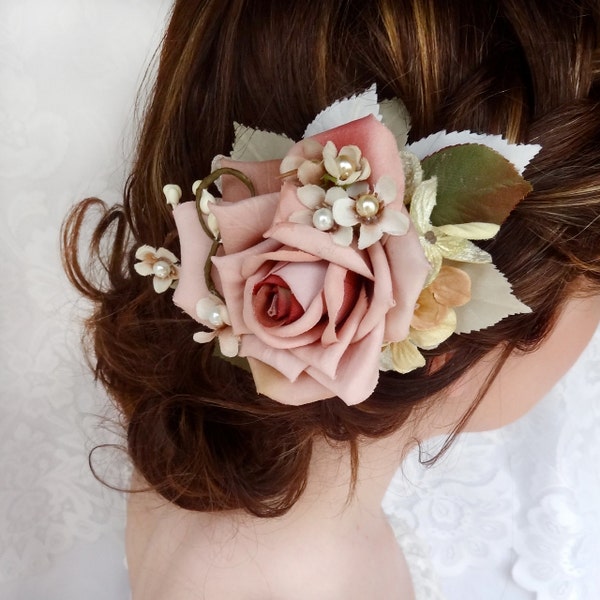 bridal hair clip, dusty pink flower hair accessory, wedding headpiece - EDITH - rustic wedding, rose, vintage wedding, hair accessories