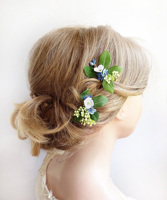 Blue Hair Pin Green Leaf Hair Pin Blue Flower Hair Clip Etsy