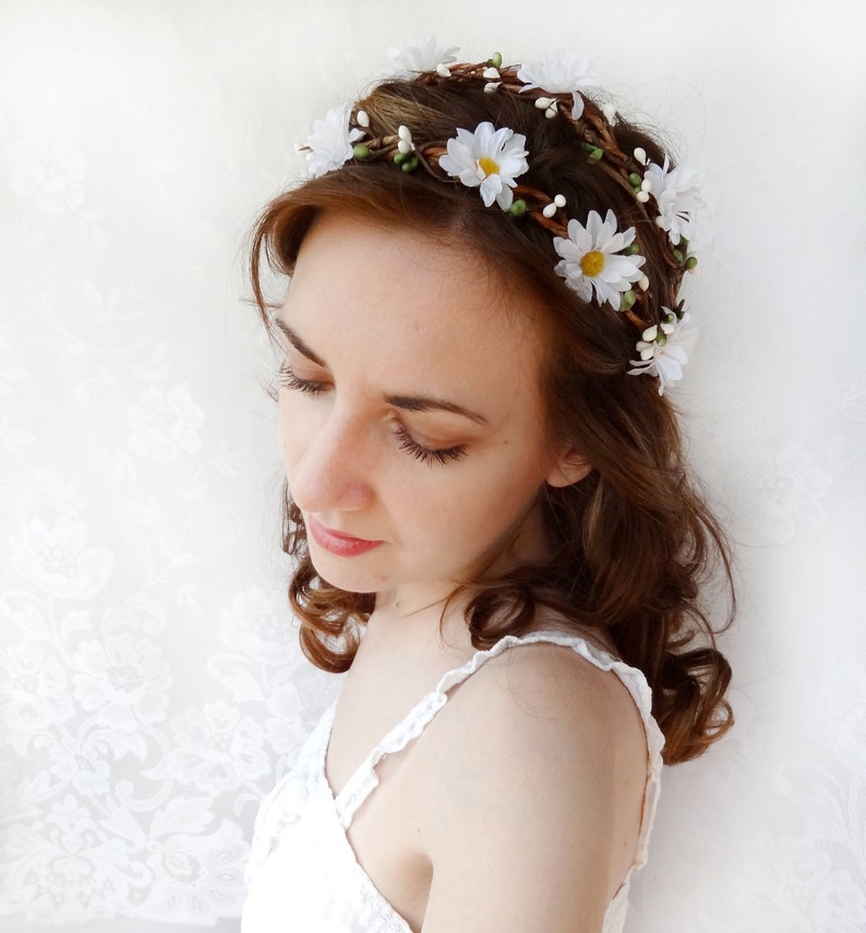 Bridesmaid Flower Festival Forehead Headband Hair Garland Vine White Daisy Bride 