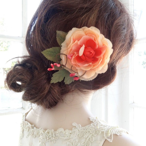 bridal hair piece, orange coral flower hair clip, peach wedding hair accessories, bridesmaid hair pieces, floral wedding headpiece