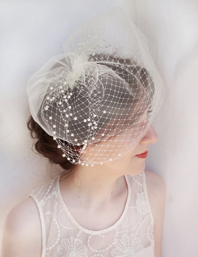 Birdcage Veil With Pearls Tulle Russian Veiling Ivory Etsy