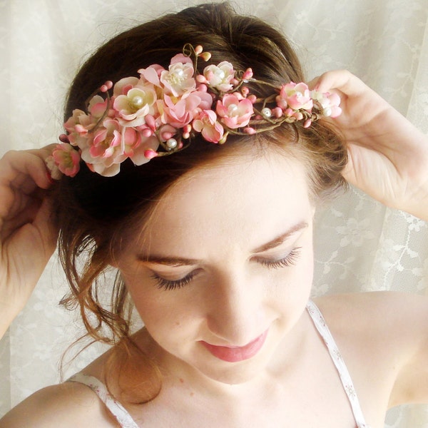 pink cherry blossom flower crown - LOVE SONNET - bridal, wedding head wreath