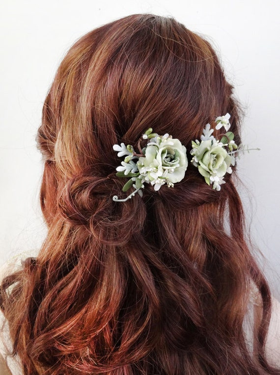 green floral hair pins sage green bridesmaid hair Etsy