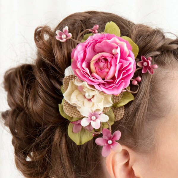 pink hair flower, fuchsia wedding, pink hair comb, hot pink flower, floral hair clip, bridal headpiece, rustic wedding hair accessories