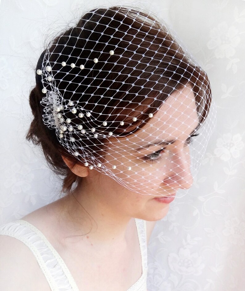 Birdcage Veil With Pearls Wedding Bandeau Veil Small Etsy