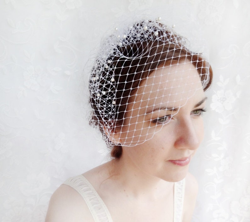 ivory birdcage veil with pearls, birdcage veil comb, small birdcage, ivory birdcage veil, beige, white, bridal birdcage, wedding veil pearl image 2