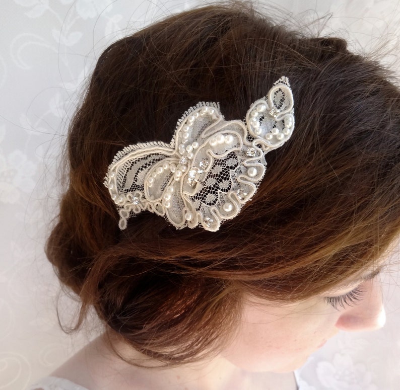 lace hair piece, bridal headpiece, lace bridal hair accessories, ivory hair piece FLUTTER lace head piece, lace wedding hair comb crystals image 3