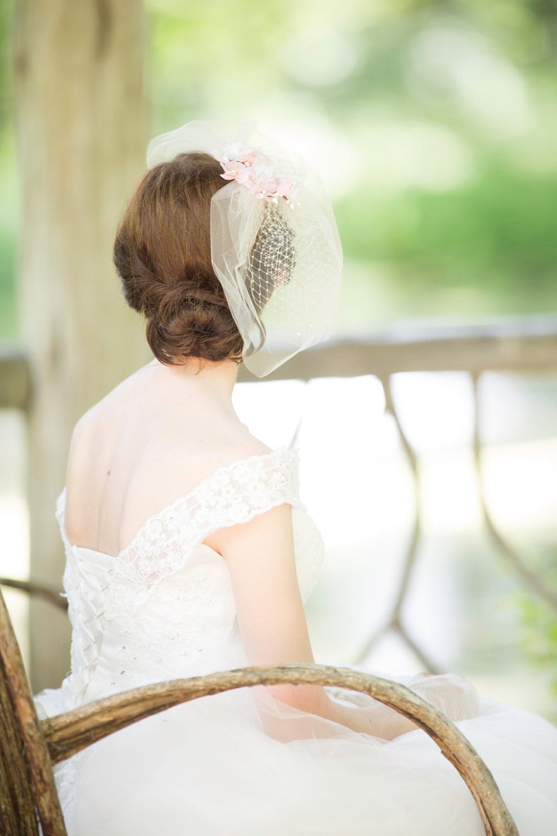 Tulle Birdcage Veil With Pearls Ivory Blusher Veil Net Etsy