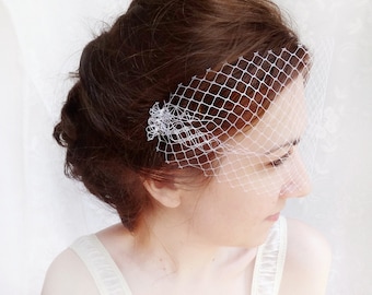 small wedding birdcage bandeau veil, white bird cage veil - FRINGE - bridal hair accessory, net face veil