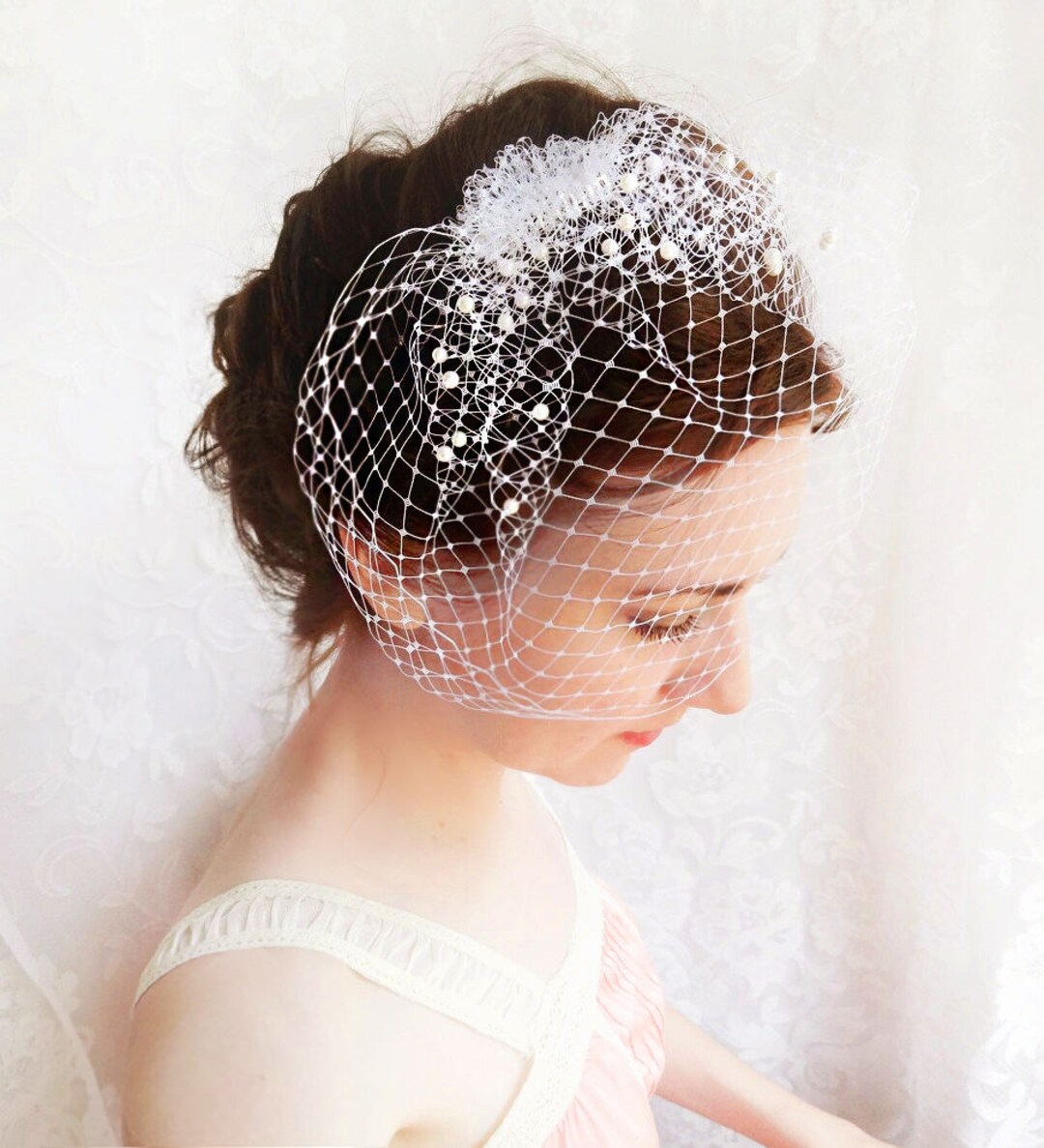 Ivory Birdcage Veil With Pearls Birdcage Veil Comb Small Etsy
