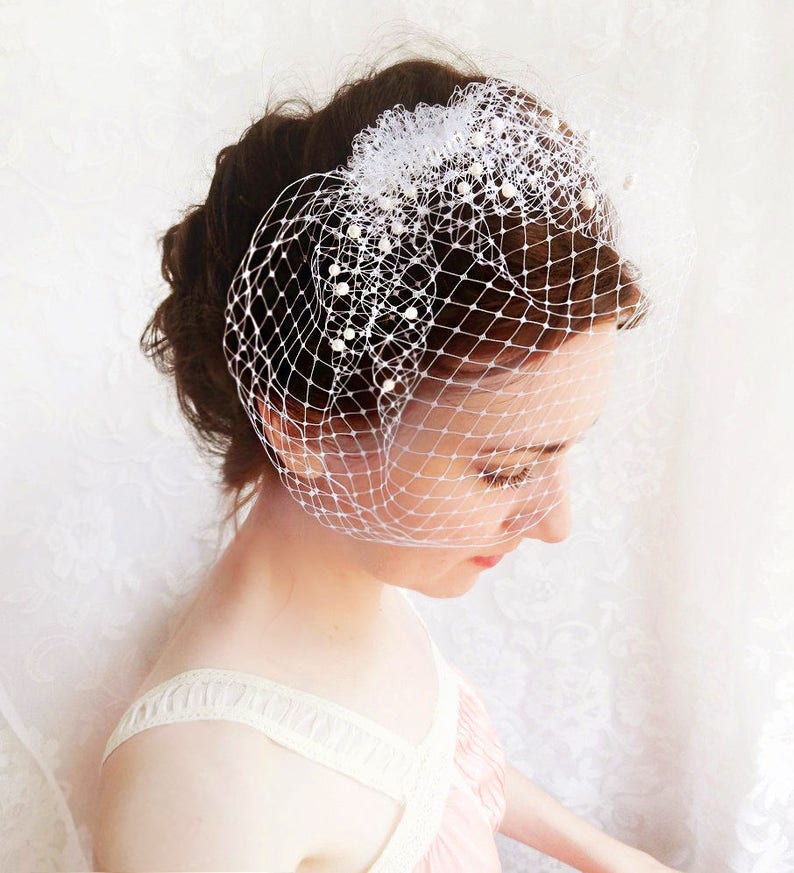 ivory birdcage veil with pearls, birdcage veil comb, small birdcage, ivory birdcage veil, beige, white, bridal birdcage, wedding veil pearl image 1