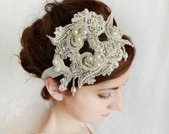 vintage lace wedding hairpiece, ivory lace bridal hair accessories, rhinestone headband - GABRIELLE - pearl hairpiece with ribbon ties