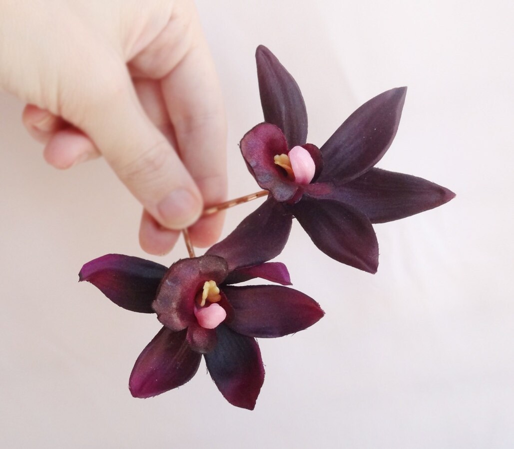 eggplant orchid hair pins aubergine flower hair accessories Etsy