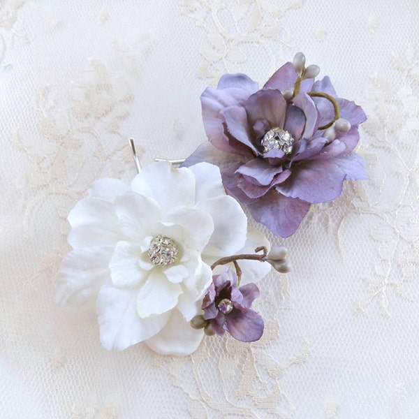 bridal hair clip, bridal hairpiece flower, lavender hair accessories, wedding headpiece, bridal head piece, wedding hair pins, rhinestones,